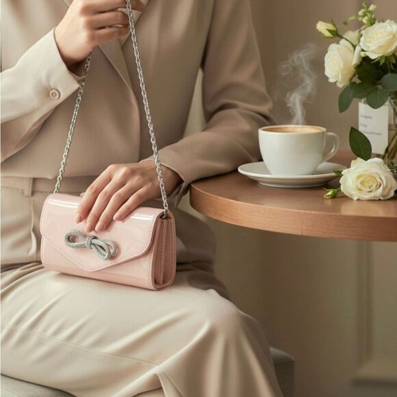 Handbags - Elegant Pink Clutch with Silver Chain